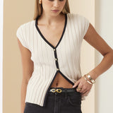 Contrast Trim Ribbed Knit Tank Top With Open Front Slit - Taupe / Black