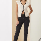Contrast Trim Ribbed Knit Tank Top With Open Front Slit - Taupe / Black