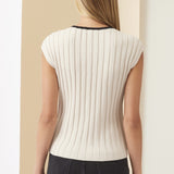 Contrast Trim Ribbed Knit Tank Top With Open Front Slit - Taupe / Black