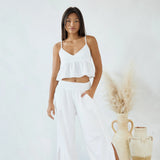 Cotton Pants With Side Crochet And Slit Opening - White