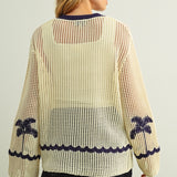 Crochet Knit Long Sleeve Cardigan With Palm Tree Embroidery - Beige / Navy