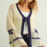 Crochet Knit Long Sleeve Cardigan With Palm Tree Embroidery - Beige / Navy