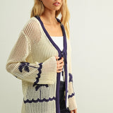 Crochet Knit Long Sleeve Cardigan With Palm Tree Embroidery - Beige / Navy