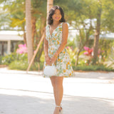 Lemon Print Mini Dress With Corset Waist- White Yellow Lemon Print