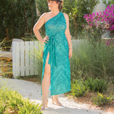 Aqua Havana Print Mesh One Shoulder Mini Dress  by Elan - Aqua
