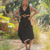 Black Linen Maxi Dress With Rattan Buckle & Tie Back by Surf Gypsy