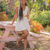 White Linen Mini Dress With Rattan Buckle & Tie Back by Surf Gypsy