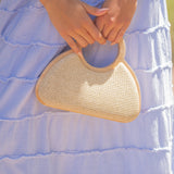 Straw Crossbody Purse With Wooden Circle Handle - Beige