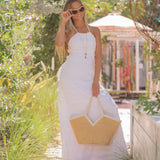 Straw Tote With White Faux Leather V Trim - Straw / White