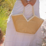 Straw Tote With White Faux Leather V Trim - Straw / White