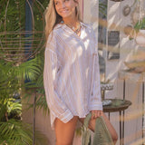Shoreline Stripe Button Down Shirt w/ Applique Palm Tree by Surf Gypsy  - Tan / White