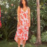 Tropical Maxi Dress w/ Tie Back - Red / Light Blue