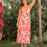 Tropical Maxi Dress w/ Tie Back - Red / Light Blue