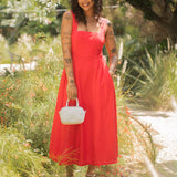 Linen Maxi Dress w/ Contrast Stitching & Wide Tie Straps - Red Linen