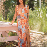 Printed Ruffle Top And Maxi Skirt Set: Orange Blue