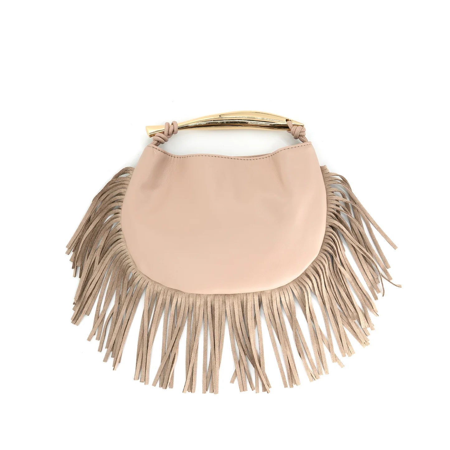 Faux Leather Fringe Clutch With Gold Handle - Beige