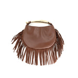 Faux Leather Fringe Clutch With Gold Handle - Chocolate Brown
