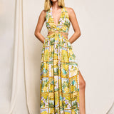 Isla Palma Halter Neck O Ring Cutout Maxi Dress - Yellow Tropical Print