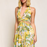 Isla Palma Halter Neck O Ring Cutout Maxi Dress - Yellow Tropical Print