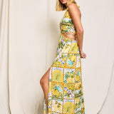 Isla Palma Halter Neck O Ring Cutout Maxi Dress - Yellow Tropical Print