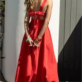 Linen Maxi Dress w/ Contrast Stitching & Wide Tie Straps - Red Linen