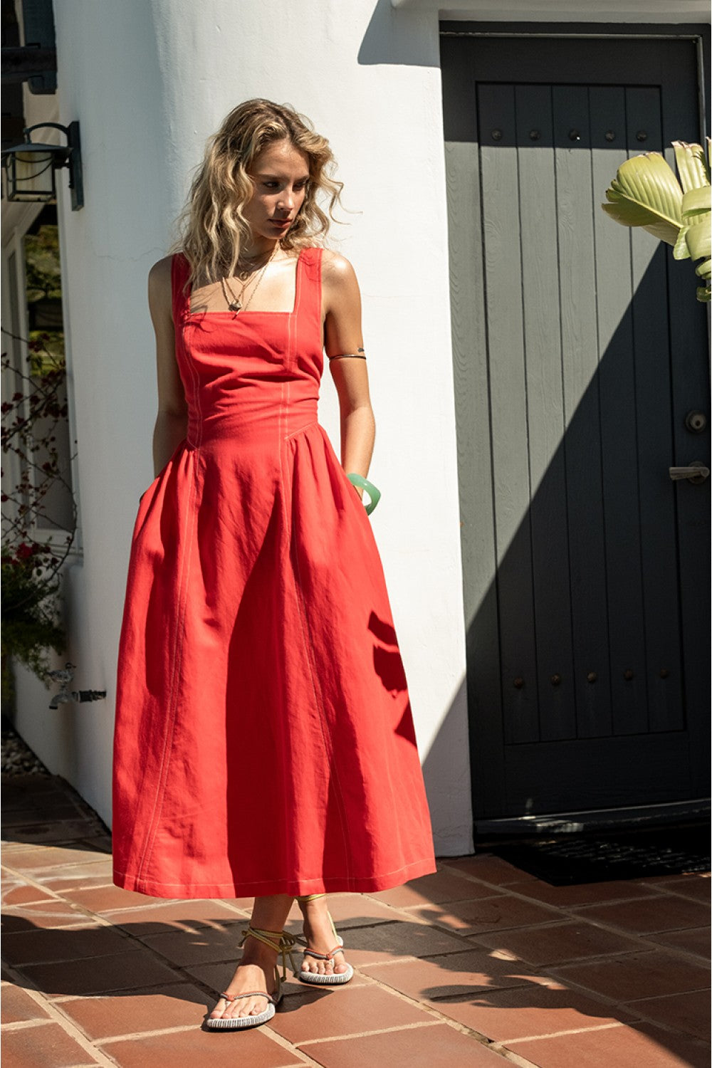 Linen Maxi Dress w/ Contrast Stitching & Wide Tie Straps - Red Linen Miss Monroe Boutique Linen Maxi Dress w/ Contrast Stitching & Wide Tie Straps - Red Linen Miss Monroe Boutique