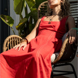 Linen Maxi Dress w/ Contrast Stitching & Wide Tie Straps - Red Linen