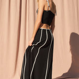 Linen Maxi Skirt w/ Contrast Seams - Black / Ivory