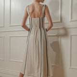 Linen Midi Tank Dress w/ Contrast Seams - Natural Ivory / Black