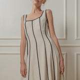 Linen Midi Tank Dress w/ Contrast Seams - Natural Ivory / Black
