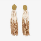 Mae - Oval Brass Stud Earrings w/ Beaded Tassels - Ivory