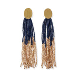 Mae - Oval Brass Stud Earrings w/ Beaded Tassels - Navy