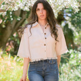 Crop Button Shirt With Fray Edge - Light Grey