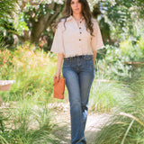 Crop Button Shirt With Fray Edge - Light Grey