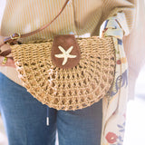 Straw Half Moon Crossbody Purse With Starfish Closure- Natural