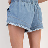 Elastic Waist Frayed Denim Shorts With Drawstring Waist