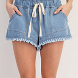 Elastic Waist Frayed Denim Shorts With Drawstring Waist