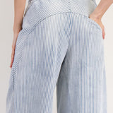 Vintage Washed Striped Drawstring Wide Leg Pants