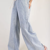 Vintage Washed Striped Drawstring Wide Leg Pants
