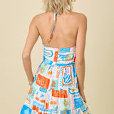 Paradise Print Halter Mini Dress w/ Ruched Top