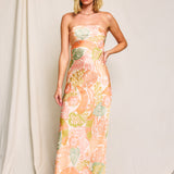Peach Bellini Strapless Clasp Back Maxi Dress - Peach Tropical Print