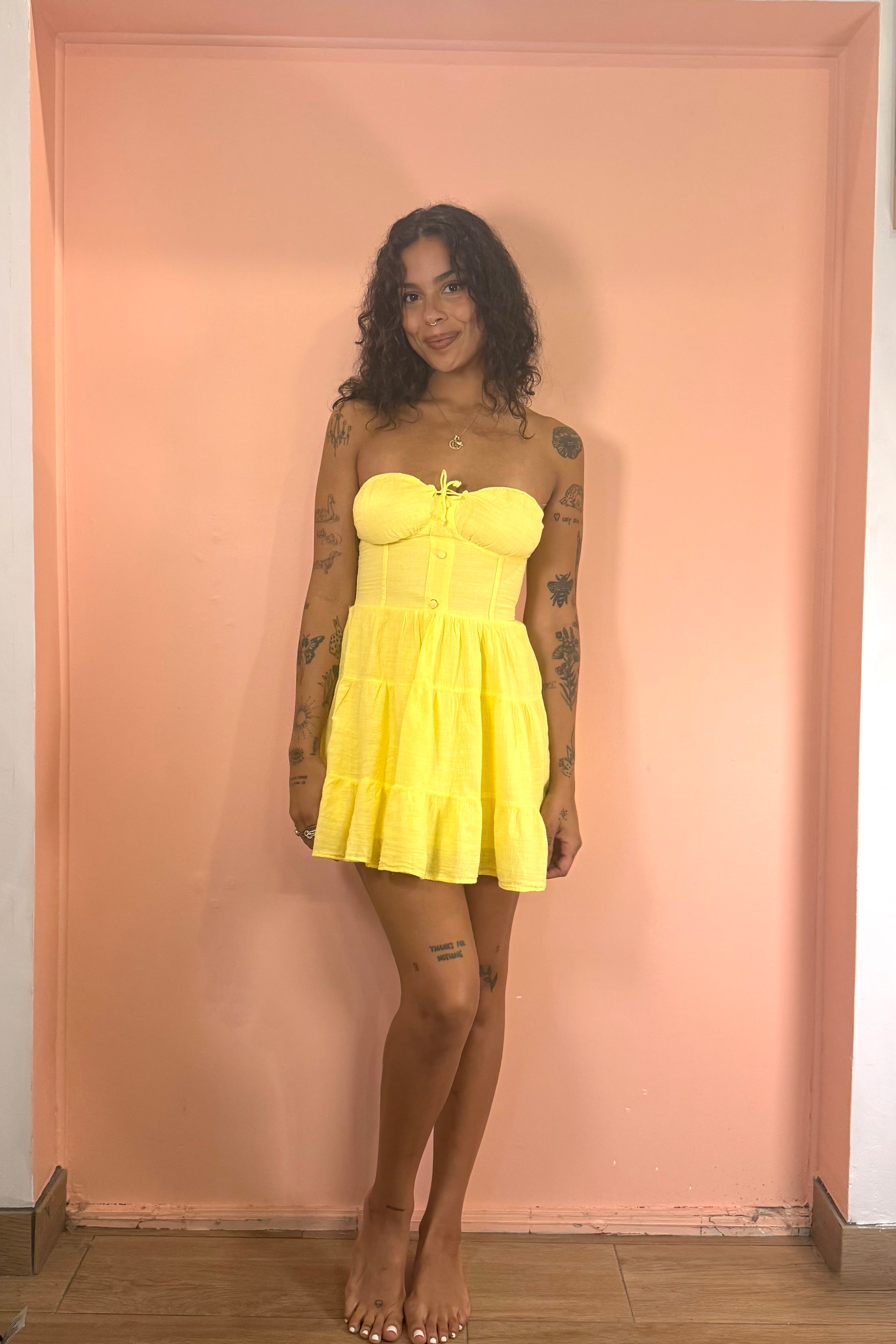Strapless Corset Short Flowy Dress - Lemon Yellow Strapless Corset Short Flowy Dress - Lemon Yellow