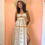 The Bahamas Cutout Smocked Maxi Dress- Green Brown Border Print