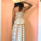 The Bahamas Cutout Smocked Maxi Dress- Green Brown Border Print
