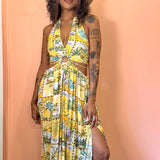 Isla Palma Halter Neck O Ring Cutout Maxi Dress - Yellow Tropical Print