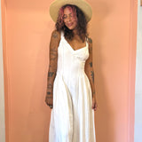 Linen Wide Leg Jumpsuit w/ Contrast Stitching & Wide Tie Straps - Cream Linen