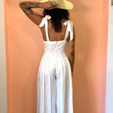 Linen Wide Leg Jumpsuit w/ Contrast Stitching & Wide Tie Straps - Cream Linen