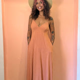 Pinstripe Maxi Dress w/ Tie Back - Terracotta/ White Linen Stripe