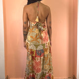 Printed Halter Tie Maxi Dress: Multi