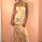 Peach Bellini Strapless Clasp Back Maxi Dress - Peach Tropical Print